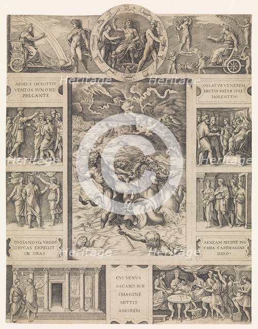 Neptune calming the tempest which Aeolus raised against Aeneas' fleet from Book I o..., ca. 1515-16. Creator: Marcantonio Raimondi.