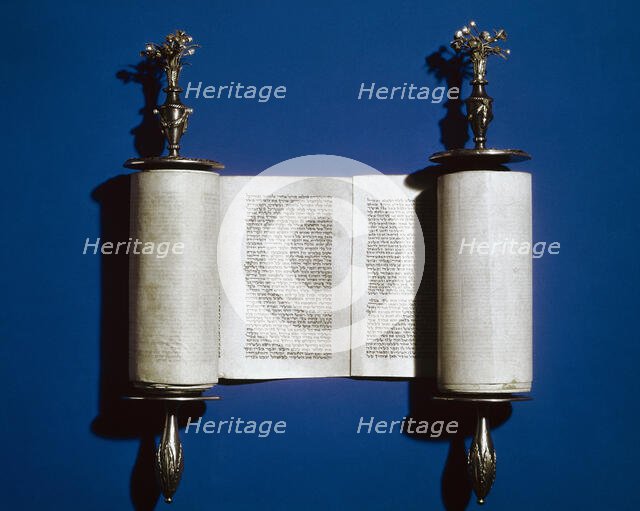 Torah: Scroll of the Law and silver scroll holder, 2008. Creator: Unknown.