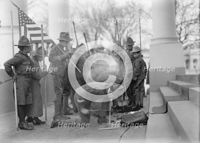 Boy Scouts - Visit of Sir Robert Baden-Powell To D.C. Making Fire, 1911. Creator: Harris & Ewing.