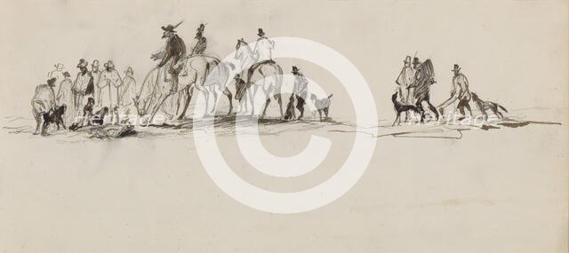 Men with dogs, on foot and on horseback, 1840-1868. Creator: Johannes Tavenraat.