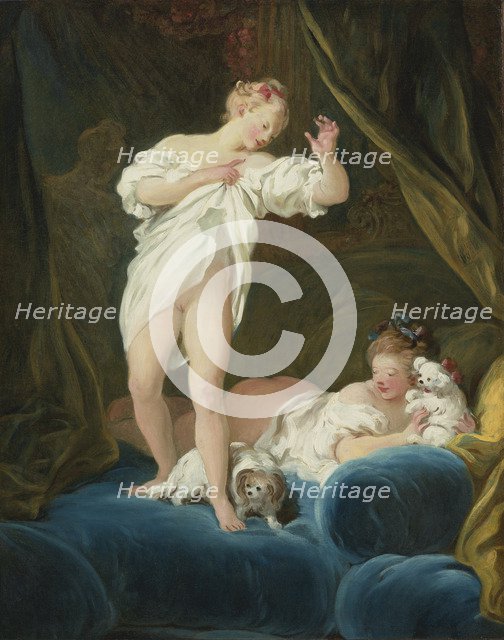 Two Girls on a Bed Playing with their Dogs. Artist: Fragonard, Jean Honoré (1732-1806)