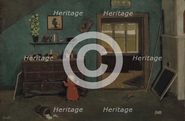 Little Girl in Front of an Open Chest of Drawers, 1907. Creator: Ivar Arosenius.