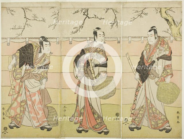 Three Komuso Monks: The Actors Ichikawa Ebizo (Danjuro V) as Kudo Suketsune (right)..., c. 1792. Creator: Shunsho.