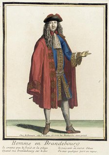 Recueil des modes de la cour de France, 'Homme en Brandebourg', Bound 1703-1704. Creator: Henri Bonnart.