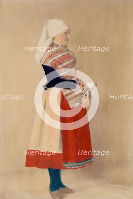 Woman dressed in folk costume, holiday costume from northern Öland, 1880-1907. Creator: Helene Edlund.