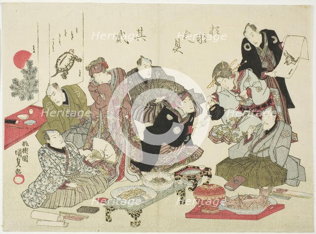 Second Illustration of Calligraphy and Painting Party on the Upper Floor of the Manpachiro..., 1827. Creator: Utagawa Kunisada.