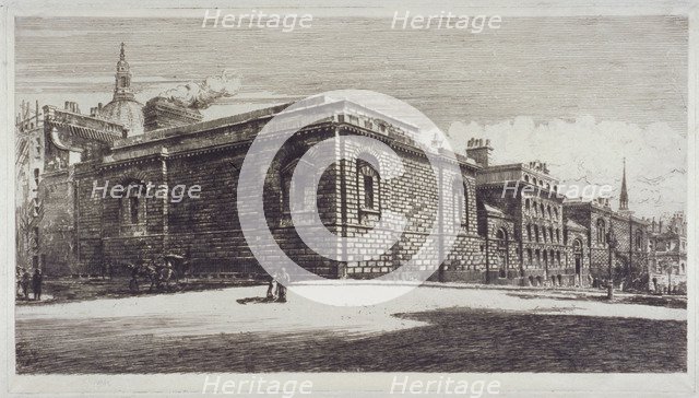 View of Newgate Prison, Old Bailey, from Newgate Street, City of London, c1900. Artist: William Monk