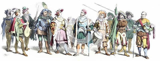 Personages from the time of Maximilian I, early 16th century, German engraving 1860.
