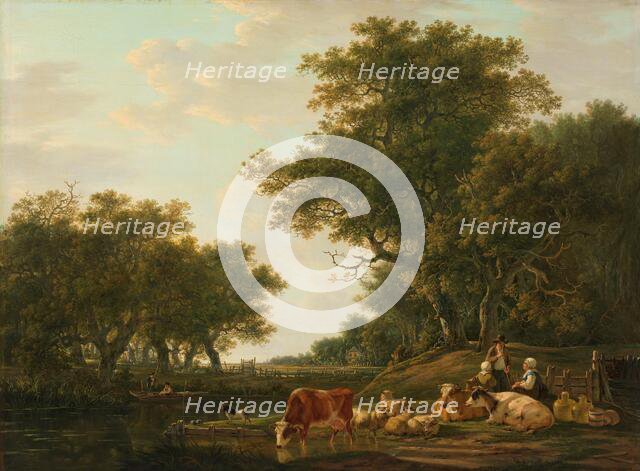 Landscape with Peasants with their Cattle and Anglers on the Water, 1800-1810. Creator: Jacob van Strij.
