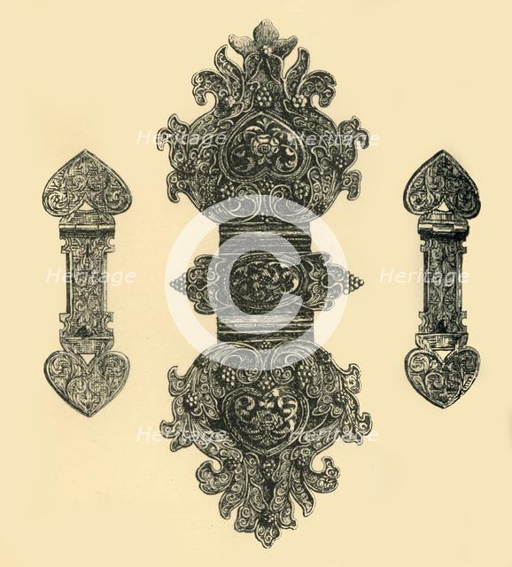 Silver book clasps, (1881).  Creator: W E Mackaness.