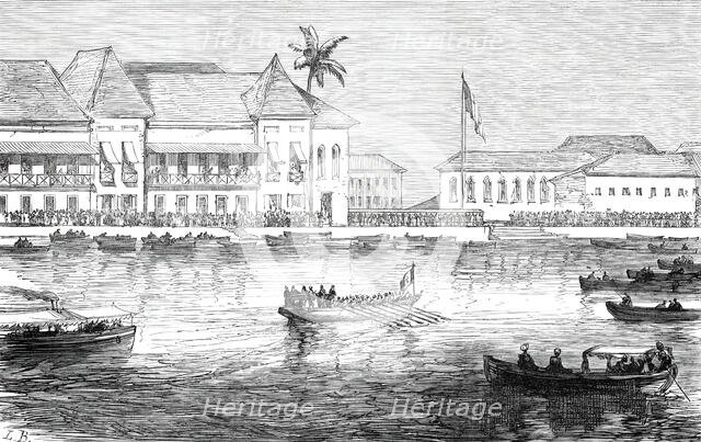 The Prince of Wales landing at the town of New Goa, from a sketch by an officer of the Serapis, 1876 Creator: L.B..