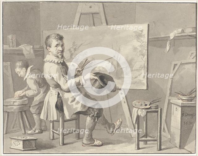Portrait of Joost Corneliszn. Droochsloot in his studio sitting behind an easel with..., 1780-1848. Creator: Martinus Schouman.