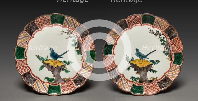 Pair of Dishes with Singing Bird on a Rock: In Ko Kutani Style, 18th century. Creator: Unknown.