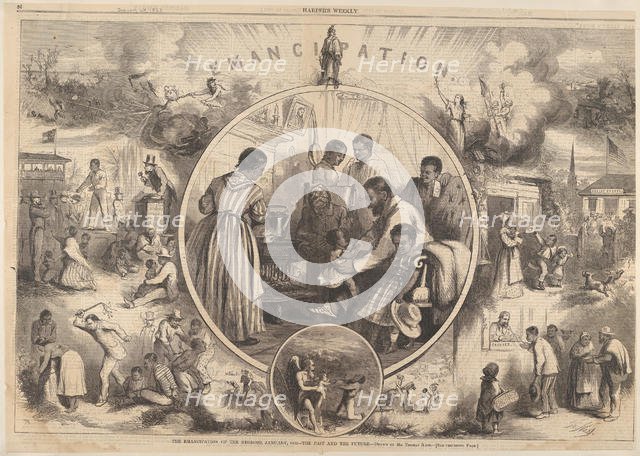 Emancipation of the Negroes - The Past and the Future (from Harper's Weekly), January 24, 1863. Creator: Thomas Nast.
