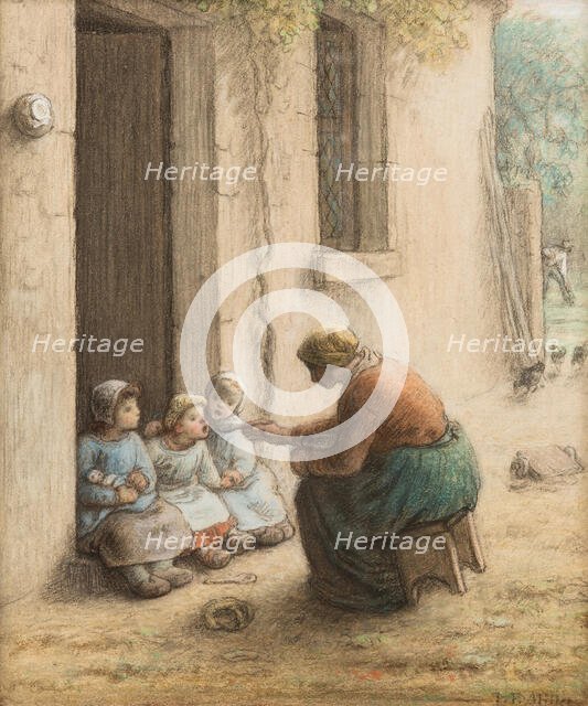 Mother Feeding Her Children, between 1814 and 1875. Creator: Jean Francois Millet.