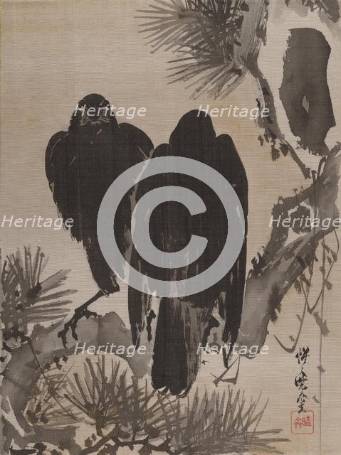 Two Crows on a Pine Branch, ca. 1887. Creator: Kawanabe Kyosai.