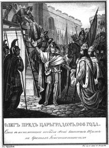 Prince Oleg before the Gates of Constantinople. 906 (From Illustrated Karamzin), 1836. Artist: Chorikov, Boris Artemyevich (1802-1866)