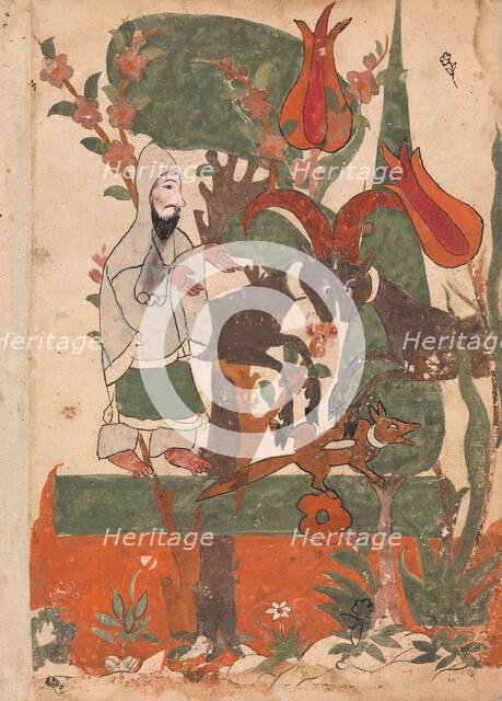The Fox and the Battling Rams Observed by the Ascetic, Folio from a Kalila wa Dimna, 18th century. Creator: Unknown.