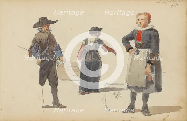 Figures in seventeenth-century clothing, c. 1846-c. 1882. Creator: Cornelis Springer.
