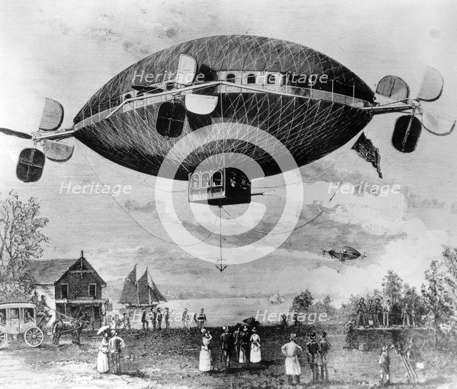 Spheroid dirigible airship dropping anchor, c1887. Artist: Unknown