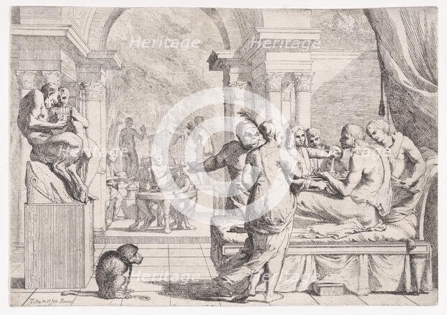 The prodigal son seated on a couch being served wine, revelers in the background, a mo..., ca. 1645. Creator: Pietro Testa.