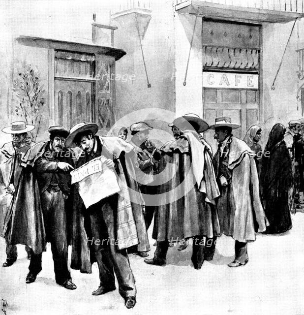 The Spanish-American Crisis: reading the latest news at a street corner in Seville, 1898. Creator: Unknown.