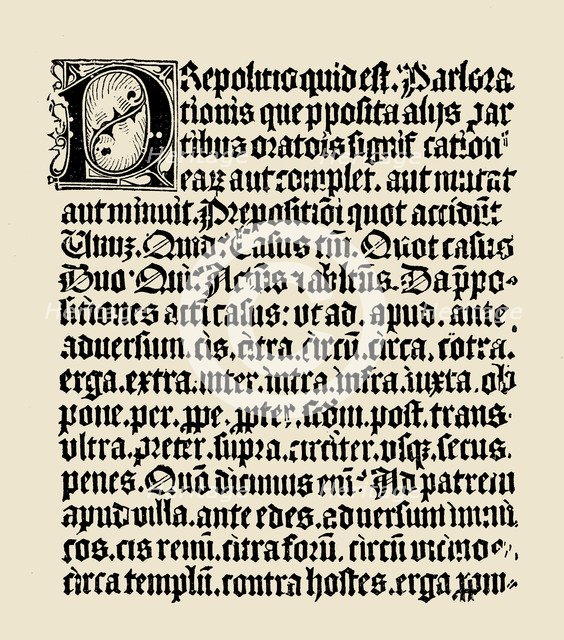 Text page of the Donato Grammar from 4th century, printed by Gutenberg in 1460. Wood engraving fr…