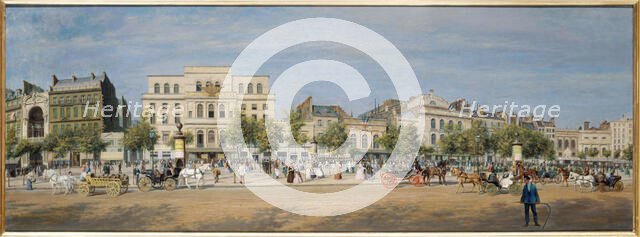 General view of theatres on Boulevard du Temple in 1862. Creator: Adolphe Martial Potemont.