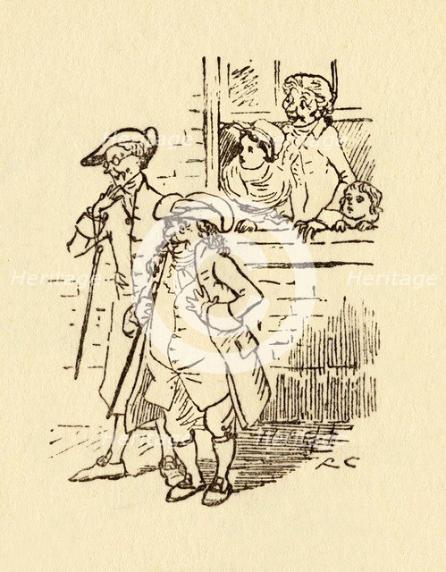 Bystanders watch as John Gilpin gallops past, 1878, (c1918). Creator: Randolph Caldecott.