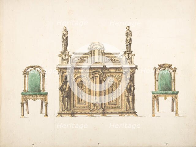 Design for Cabinet Ornamented with Carved Knights and Ladies, and Two Chairs, early 19th cent. Creator: Anon.
