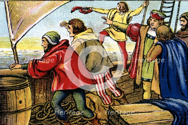 Scene of the discovery of America, sailors of the caravel 'La Pinta' crying 'Land ho', color engr…