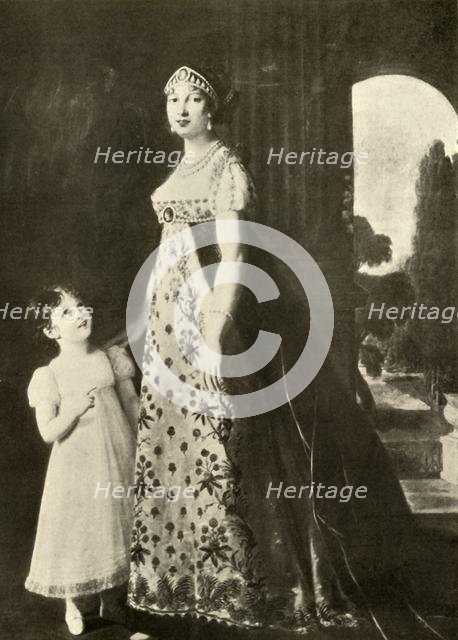 'Empire gown and child's dress trimmed with Valenciennes lace', 1804, (1937). Creator: Unknown.
