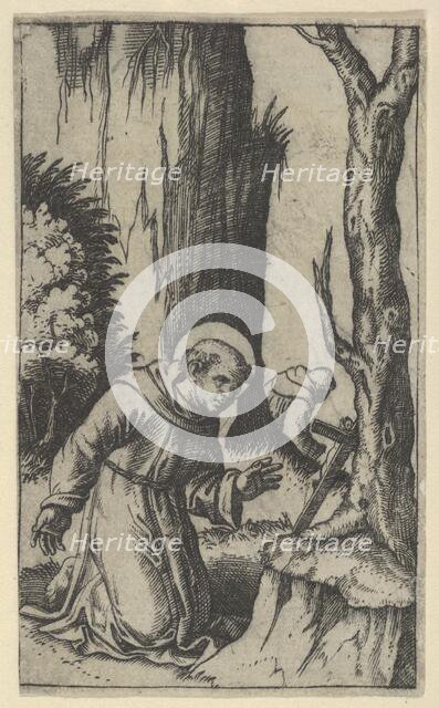Saint Francis of Assisi praying before a crucifix, from the series 'Piccoli Santi..., ca. 1500-1527. Creator: Marcantonio Raimondi.