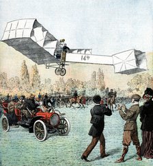 Santos-Dumont making the first powered plane flight in Europe, Paris, 1906. Artist: Unknown