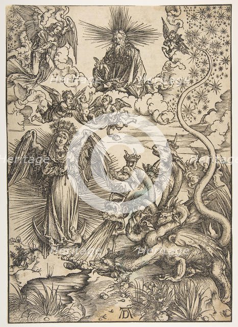 The Apocalyptic Woman, from The Apocalypse, Latin Edition, 1511, 1511. Creator: Albrecht Durer.