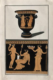 Above, red-figured Greek wine bowl (bell-krater); below, detail of decoration showing a..., 1760-9. Creator: Augustin Dahlsteen.