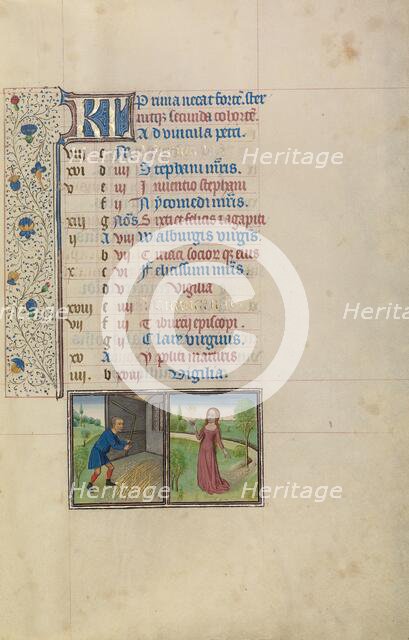 August Calendar Page: Threshing: Virgo; Arenberg Hours, early 1460s. Creator: Workshop of Willem Vrelant.