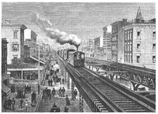 Double way overhead railway, circulating by the Seventh Avenue in New - York, engraving 1872.