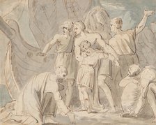 Historical Subject with Men and a Boy Near a Ship (recto)..., 1770-80. Creator: William Hamilton.