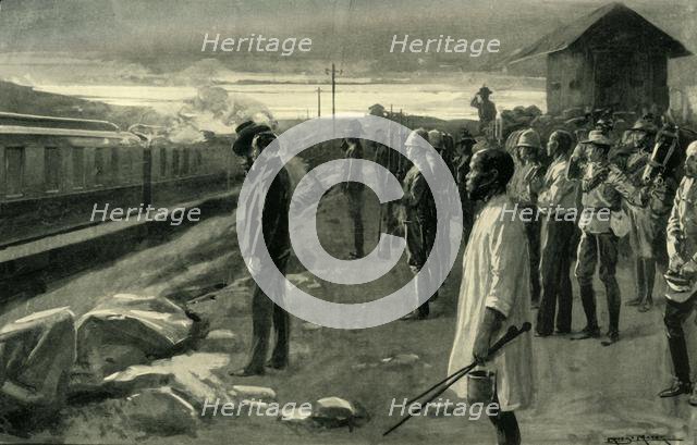 'The Train Conveying the Remains of Mr.  Rhodes Saluted by the Blockhouse Guards', 1902. Creator: Ernest Prater.