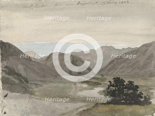 View of Moel Siabod from Beddgelert, North Wales, 1803. Creator: Cornelius Varley.
