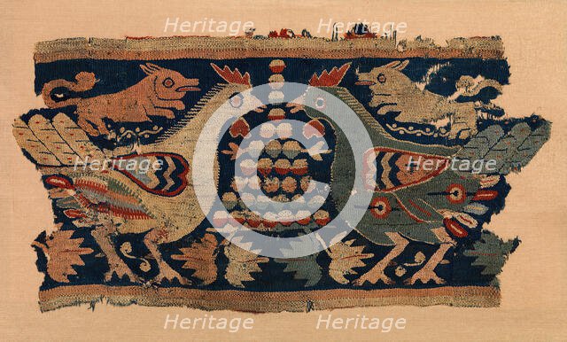 Fragment of Wall Hanging with confronted cocks and running dogs, Coptic, 4th-6th century. Creator: Unknown.
