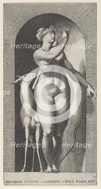 Plate 12: Diana standing in a niche, twisting to her left and pulling an arrow out of a qu..., 1526. Creator: Giovanni Jacopo Caraglio.