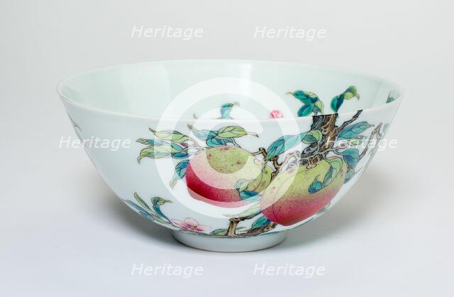 Bowl with Fruiting Peaches, Tree Peony, Flowering Plum and Bats, Qing dynasty, (1723-1735) Creator: Unknown.