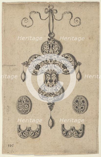 Design for the Verso of a Cross-Shaped Pendant Above a Pair of Oval Ornaments and A..., before 1573. Creator: Jan Collaert I.