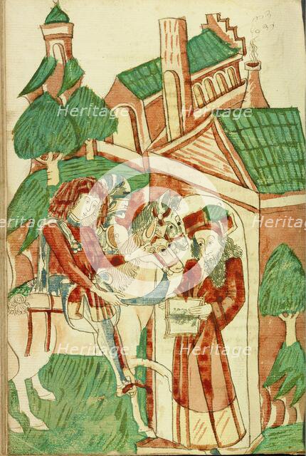 Two Horsemen of King Avenir before the Pagan Scholar Nachor; Barlaam und Josaphat, 1469. Creators: Hans Schilling, Diebolt Lauber.