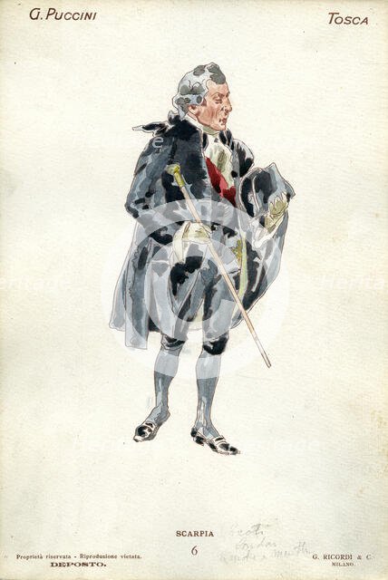 Costume design for the opera Tosca by Giacomo Puccini, 1900. Creator: Hohenstein, Adolfo (1854-1928).