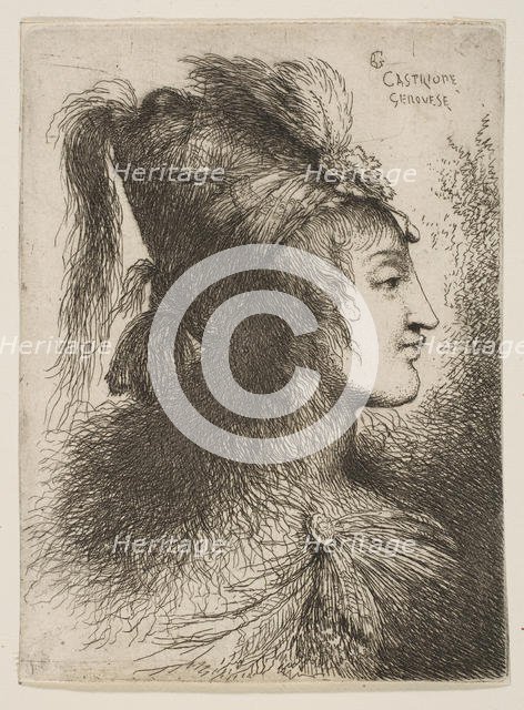 Young man wearing a plumed turban, facing right, from the series of 'Small Heads ..., ca. 1645-1650. Creator: Giovanni Benedetto Castiglione.