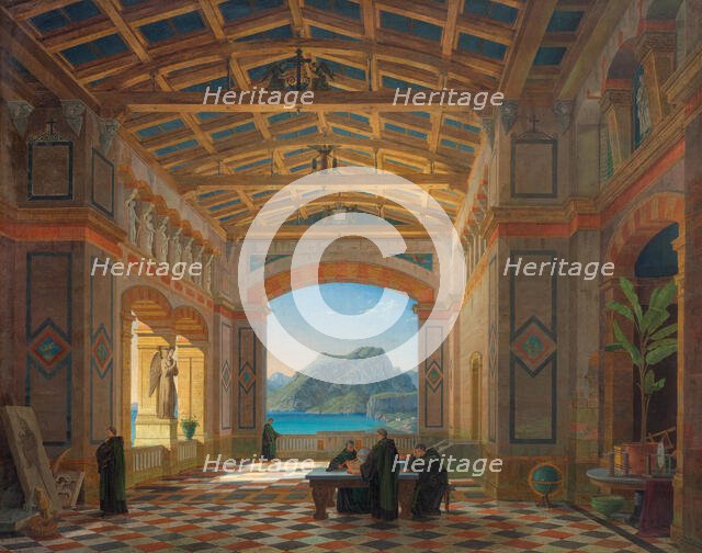 Italian monastery hall with Benedictine monks and a view of Capri, 1855. Creator: Klenze; Leo; von (1784-1864).