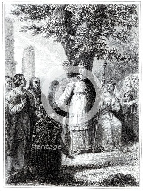 Saint Louis IX (1214-1270), King of France imparting justice, engraving from 1853.